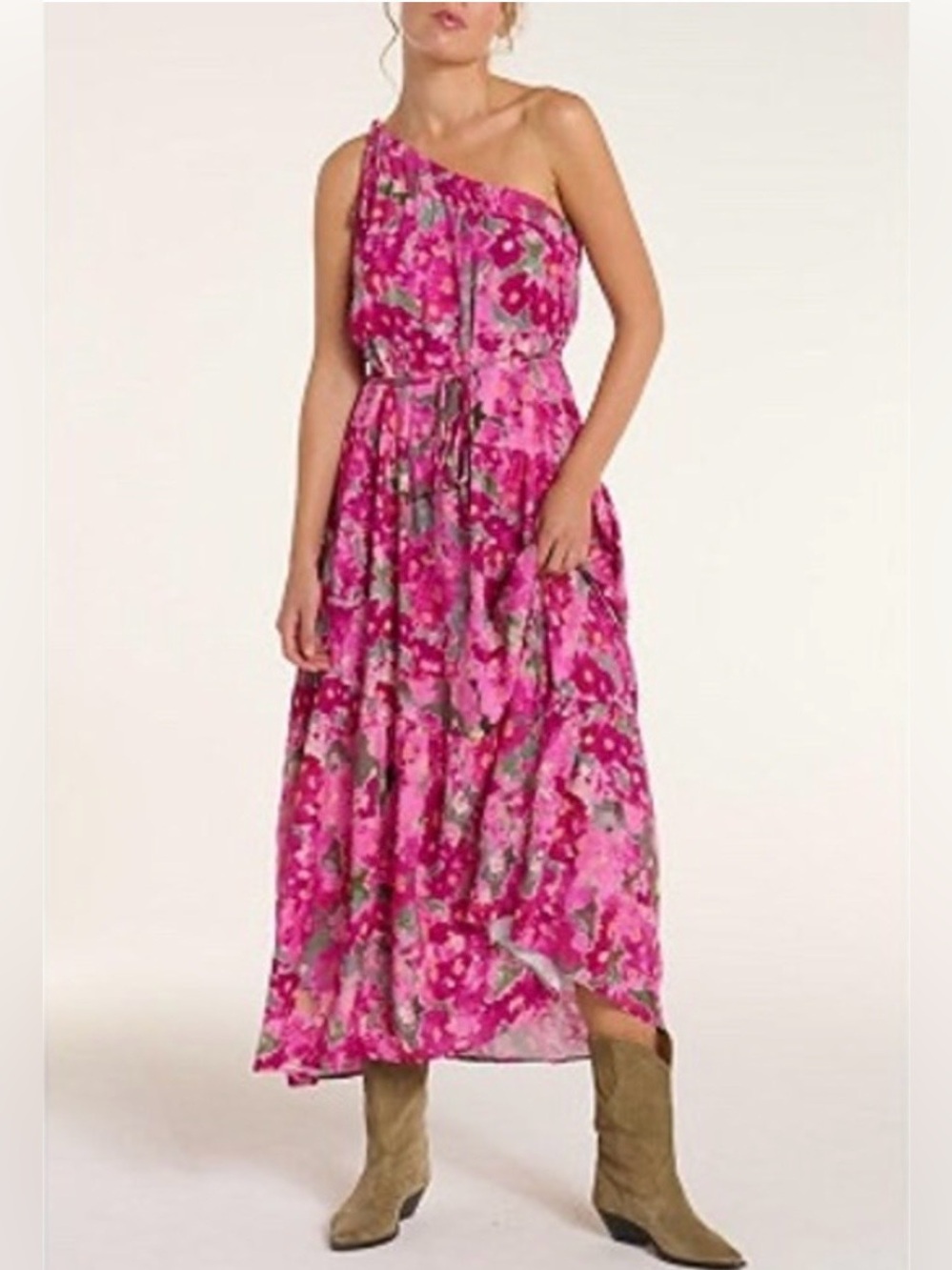 HERMOZA - Joyce One-Shoulder Tie Scarlet Ikat Pink Floral Maxi Dress Size S